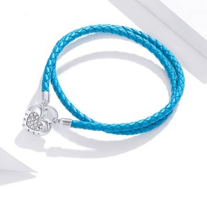 Blue Leather Heart Lock Bracelet