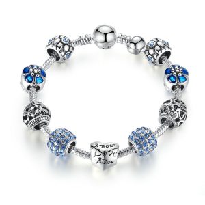 Silver Plated Charm Bracelet With Blue Beads