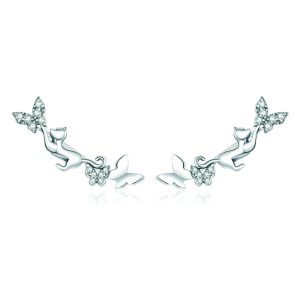 Sterling Silver Cat and Butterfly Stud Earrings